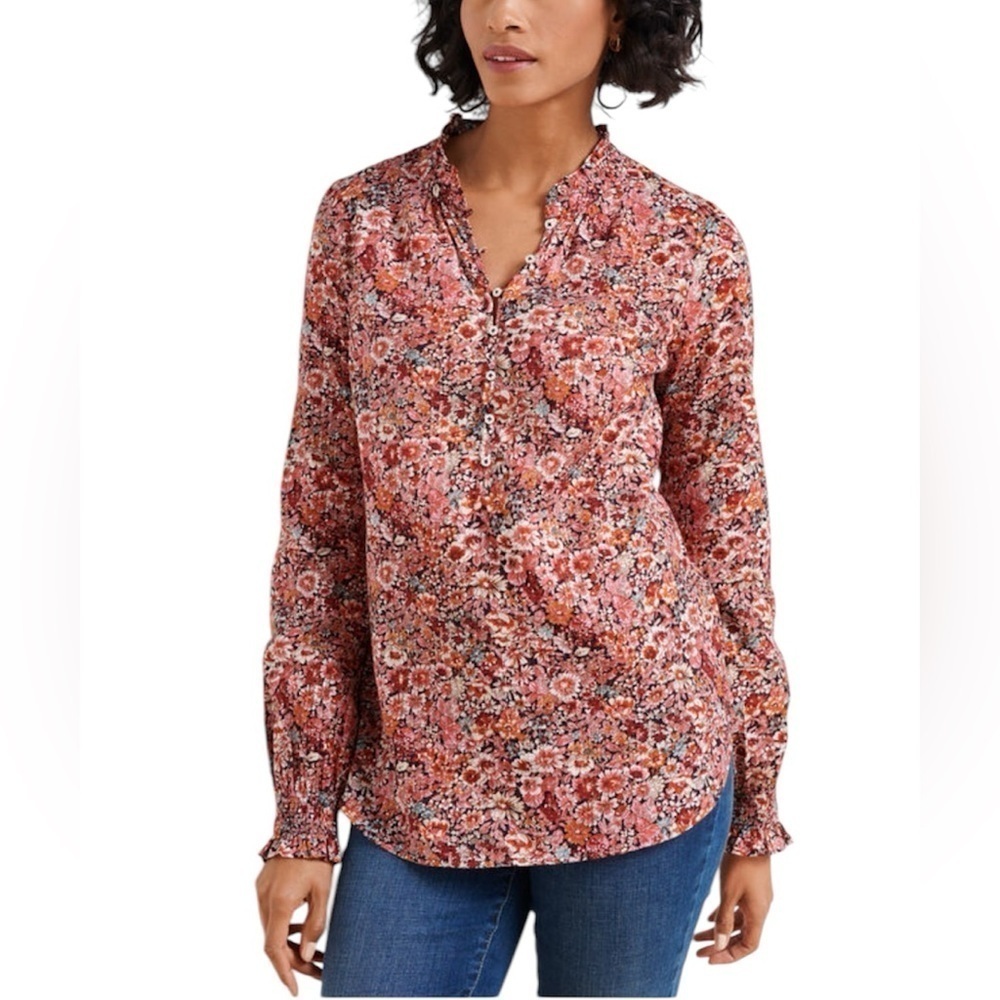 Talbots Floral Ruffle Trim Long Sleeve Cotton Blouse Medium Blossom Galore